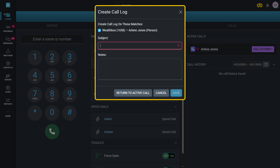 WB Create Call Log